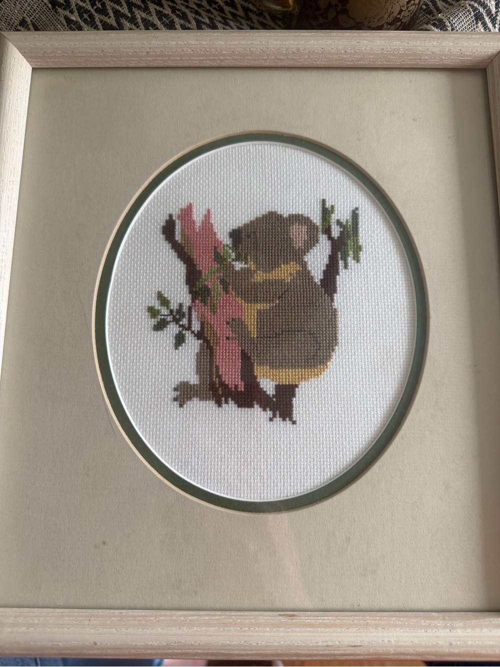 Framed Cross-Stitch Koala Wall Art in Brown and Pink